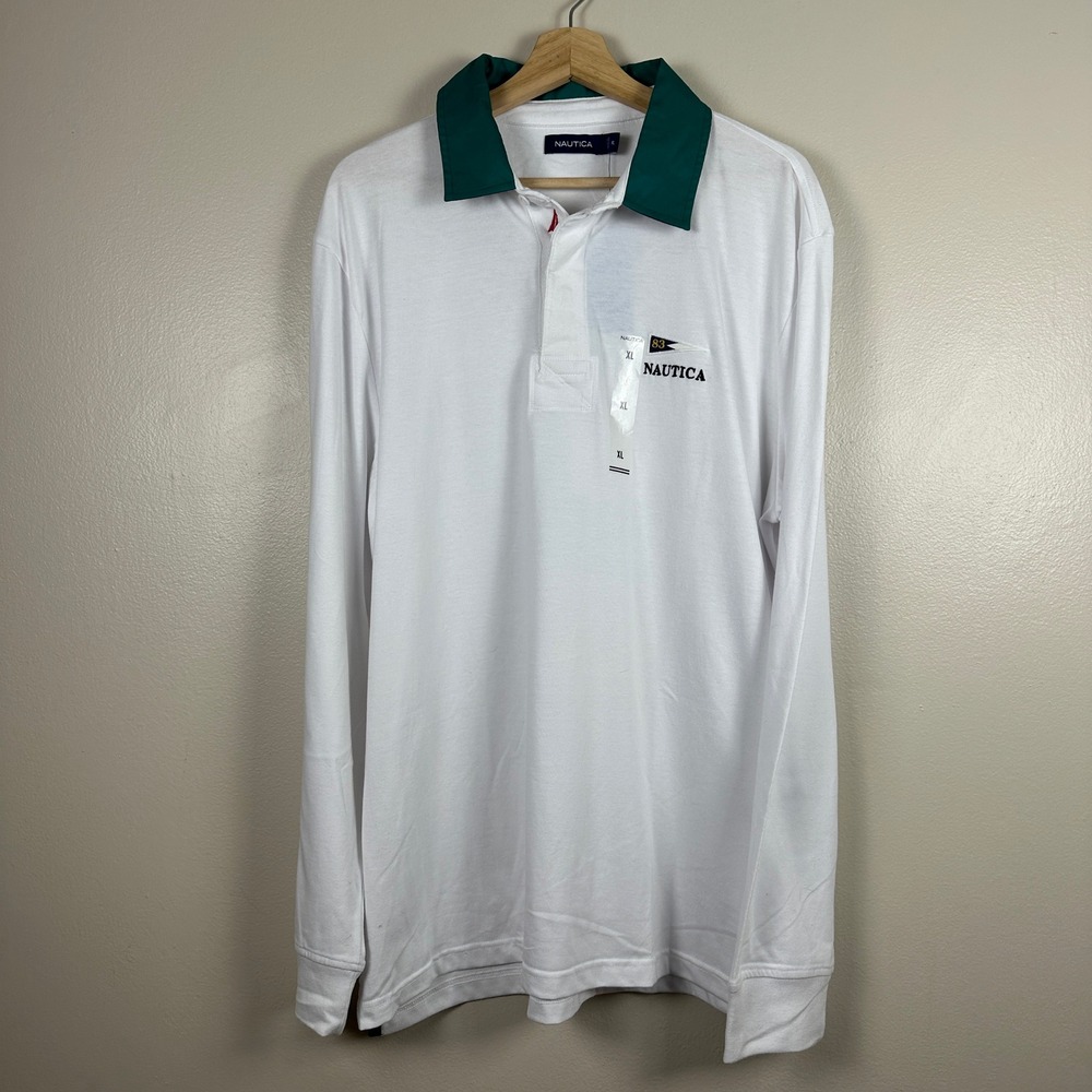 Nautica Men's XL Long Sleeve Polo‎ White Green Nautical Flag Graphic NEW